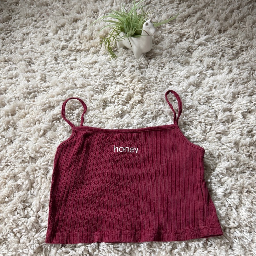 Chic burgundy Burgundy Ribbed vintage, simple minimalist Crop Top with 'Honey' D